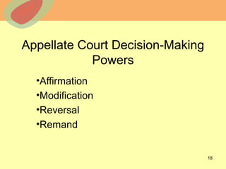© 2013 The McGraw-Hill Companies, Inc. All rights reserved.
Appellate Court Decision-Making
Powers
•Affirmation
•Modification
•Reversal
•Remand
18
 