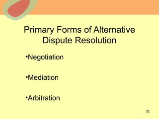 © 2013 The McGraw-Hill Companies, Inc. All rights reserved.
Primary Forms of Alternative
Dispute Resolution
•Negotiation
•Mediation
•Arbitration
22
 