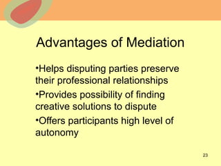 © 2013 The McGraw-Hill Companies, Inc. All rights reserved.
Advantages of Mediation
•Helps disputing parties preserve
their professional relationships
•Provides possibility of finding
creative solutions to dispute
•Offers participants high level of
autonomy
23
 