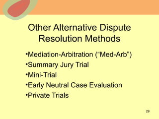 © 2013 The McGraw-Hill Companies, Inc. All rights reserved.
Other Alternative Dispute
Resolution Methods
•Mediation-Arbitration (“Med-Arb”)
•Summary Jury Trial
•Mini-Trial
•Early Neutral Case Evaluation
•Private Trials
29
 