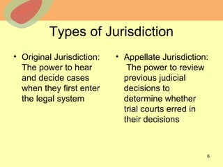 © 2013 The McGraw-Hill Companies, Inc. All rights reserved.
Types of Jurisdiction
• Original Jurisdiction:
The power to hear
and decide cases
when they first enter
the legal system
• Appellate Jurisdiction:
The power to review
previous judicial
decisions to
determine whether
trial courts erred in
their decisions
6
 