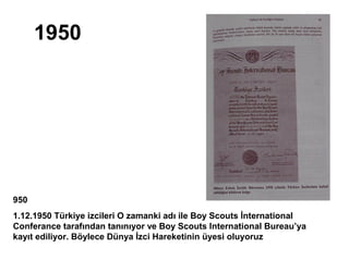 1950




950
1.12.1950 Türkiye izcileri O zamanki adı ile Boy Scouts İnternational
Conferance tarafından tanınıyor ve Boy Scouts International Bureau’ya
kayıt ediliyor. Böylece Dünya İzci Hareketinin üyesi oluyoruz
 