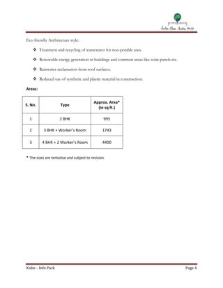 Eco friendly Architecture style:

       Treatment and recycling of wastewater for non-potable uses.

       Renewable energy generation in buildings and common areas like solar panels etc.

       Rainwater reclamation from roof surfaces.

       Reduced use of synthetic and plastic material in construction.

Areas:


                                          Approx. Area*
S. No.                Type
                                            (in sq ft.)

  1                  2 BHK                       995

  2         3 BHK + Worker’s Room               1743

  3        4 BHK + 2 Worker’s Room              4400


* The sizes are tentative and subject to revision.




Kube – Info Pack                                                                           Page 4
 