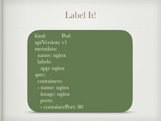 Label It!
kind: Pod
apiVersion: v1
metadata:
name: nginx
labels:
app: nginx
spec:
containers:
- name: nginx
image: nginx
ports:
- containerPort: 80
 
