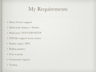 My Requirements
• Micro Service support
• Multi node deploys + Docker
• Multi ports TCP/UDP/HTTP
• DNS like support across cluster
• Deploy target: AWS
• Rolling updates
• Easy to grasp
• Community support
• Tooling
 