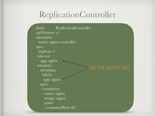 ReplicationController
kind: ReplicationController
apiVersion: v1
metadata:
name: nginx-controller
spec:
replicas: 2
selector:
app: nginx
template:
metadata:
labels:
app: nginx
spec:
containers:
- name: nginx
image: nginx
ports:
- containerPort: 80
MUST MATCH!!
 