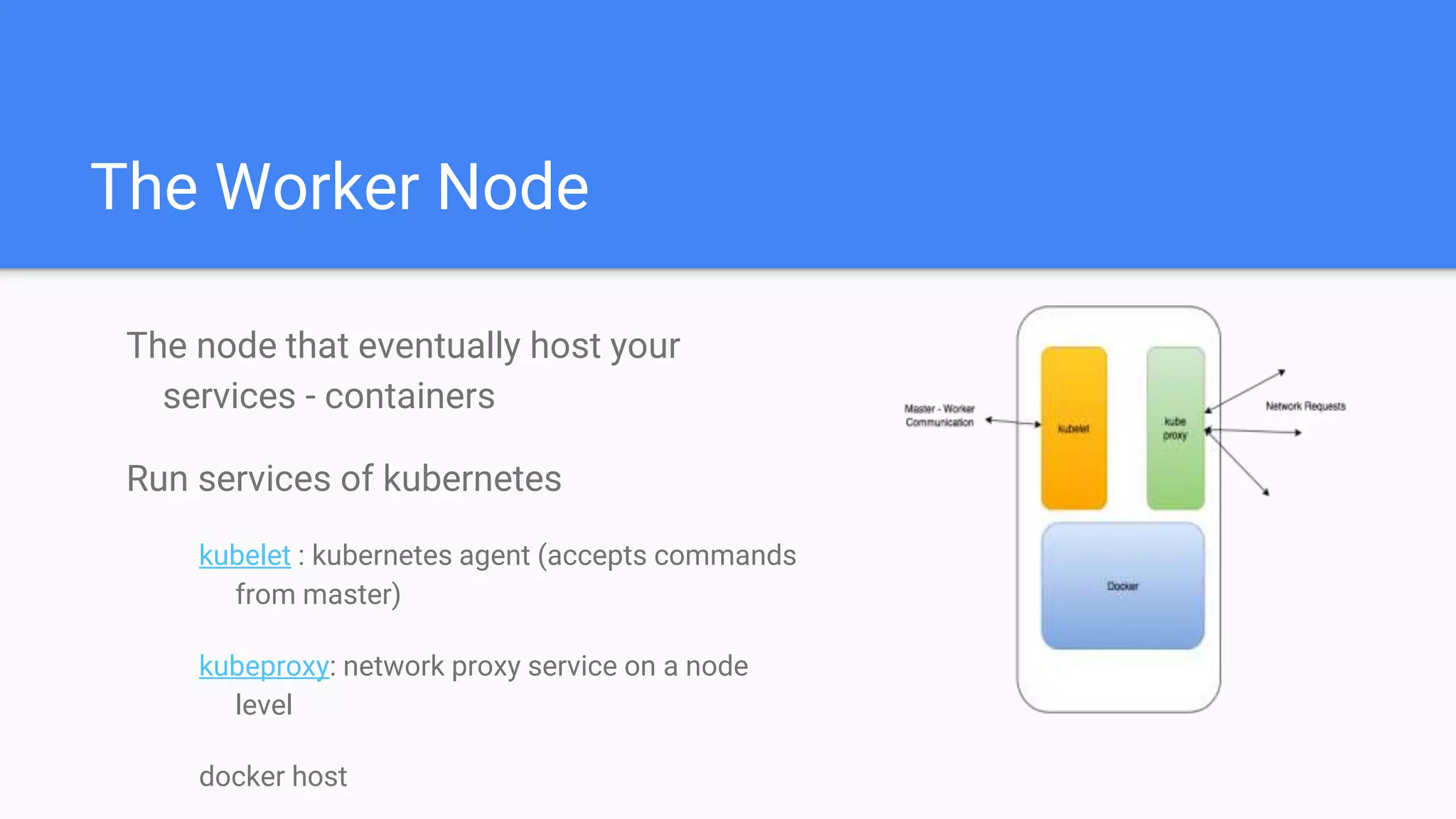 The Worker Node
The node that eventually host your
services - containers
Run services of kubernetes
kubelet : kubernetes agent (accepts commands
from master)
kubeproxy: network proxy service on a node
level
docker host
 