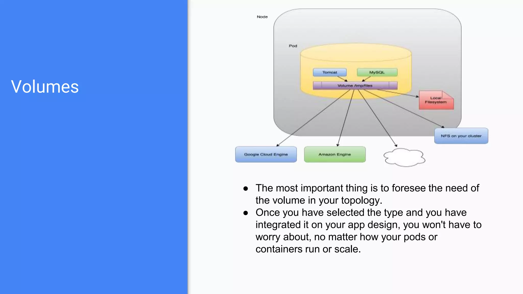 Volumes
● The most important thing is to foresee the need of
the volume in your topology.
● Once you have selected the type and you have
integrated it on your app design, you won't have to
worry about, no matter how your pods or
containers run or scale.
 
