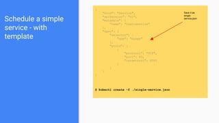 Schedule a simple
service - with
template
{
"kind": "Service",
"apiVersion": "v1",
"metadata": {
"name": "test-service"
},
"spec": {
"selector": {
"app": "myapp"
},
"ports": [
{
"protocol": "TCP",
"port": 80,
"targetPort": 8080
}
]
}
}
$ kubectl create -f ./single-service.json
Save it as
single-
service.json
 