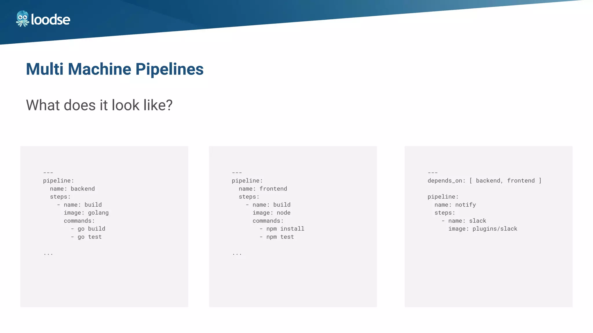 Multi Machine Pipelines
What does it look like?
---
pipeline:
name: backend
steps:
- name: build
image: golang
commands:
- go build
- go test
...
---
depends_on: [ backend, frontend ]
pipeline:
name: notify
steps:
- name: slack
image: plugins/slack
---
pipeline:
name: frontend
steps:
- name: build
image: node
commands:
- npm install
- npm test
...
 