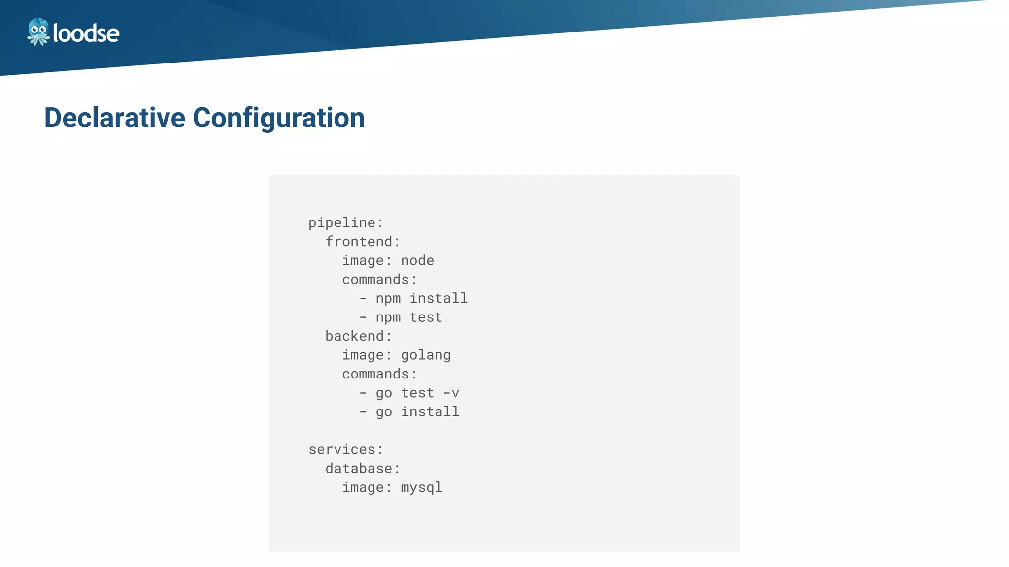 Declarative Configuration
pipeline:
frontend:
image: node
commands:
- npm install
- npm test
backend:
image: golang
commands:
- go test -v
- go install
services:
database:
image: mysql
 