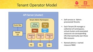 Tenant Operator Model
• Self-service or Admin-
provisioned Tenants
• Each Tenant-CR manages a
collection of namespaces,
virtual clusters and associated
resources via corresponding
CRs that eventually own those
K8s resouces
• Named admins + named
resource RBAC
 