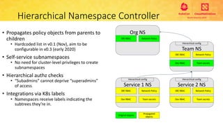 Team NS
Hierarchical Namespace Controller
• Propagates policy objects from parents to
children
• Hardcoded list in v0.1 (Nov), aim to be
configurable in v0.3 (early 2020)
• Self-service subnamespaces
• No need for cluster-level privileges to create
subnamespaces
• Hierarchical authz checks
• “Subadmins” cannot deprive “superadmins”
of access
• Integrations via K8s labels
• Namespaces receive labels indicating the
subtrees they’re in.
Org NS
Service 1 NS Service 2 NS
SRE RBAC Network Policy
SRE RBAC Network Policy
Dev RBAC Team secrets
SRE RBAC Network Policy
Dev RBAC Team secrets
SRE RBAC Network Policy
Dev RBAC Team secrets
Original objects
Propagated
objects
Hierarchical config
Hierarchical configHierarchical config
 
