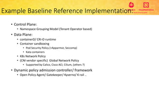 Example Baseline Reference Implementation:
• Control Plane:
• Namespace Grouping Model (Tenant Operator based)
• Data Plane:
• containerD/ CRI-O runtime
• Container sandboxing
• Pod Security Policy (+Apparmor, Seccomp)
• Kata containers
• K8s Network Policy
• (CNI vendor specific) Global Network Policy
• Supported by Calico, Cisco ACI, Cilium, (others ?)
• Dynamic policy admission controller/ framework
• Open Policy Agent/ Gatekeeper/ Kyverno/ K-rail ..
 