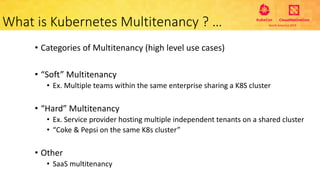 • Categories of Multitenancy (high level use cases)
• “Soft” Multitenancy
• Ex. Multiple teams within the same enterprise sharing a K8S cluster
• “Hard” Multitenancy
• Ex. Service provider hosting multiple independent tenants on a shared cluster
• “Coke & Pepsi on the same K8s cluster”
• Other
• SaaS multitenancy
What is Kubernetes Multitenancy ? …
 