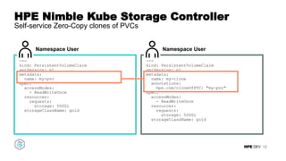 HPE DEV
HPE Nimble Kube Storage Controller
Self-service Zero-Copy clones of PVCs
12
Namespace User
---
kind: PersistentVol...