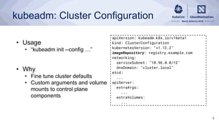 kubeadm: Cluster Configuration
apiVersion: kubeadm.k8s.io/v1beta1
kind: ClusterConfiguration
kubernetesVersion: "v1.12.2"
...