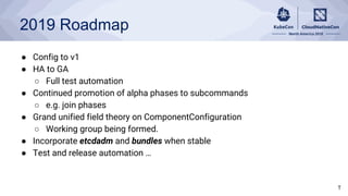 2019 Roadmap
● Config to v1
● HA to GA
○ Full test automation
● Continued promotion of alpha phases to subcommands
○ e.g. ...