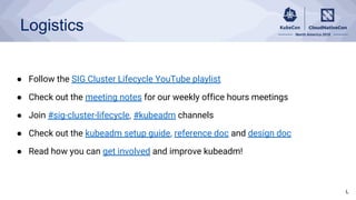 Logistics
● Follow the SIG Cluster Lifecycle YouTube playlist
● Check out the meeting notes for our weekly office hours me...