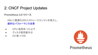 2: CNCF Project Updates
Prometheus 2.0 リリース
　　K8s に最適化されたストレージエンジンを導入し、
　　劇的なパフォーマンス改善
● 　　CPU 使用率 1/3 以下
● 　　ディスク使用量半分
● 　　I/O 数 1/100
 