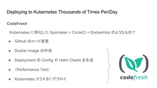 Deploying to Kubernetes Thousands of Times Per/Day
CodeFresh
　Kubernetes に特化した Spinnaker + CircleCI + DockerHub のようなもの？
● Github のコード変更
● Docker Image の作成
● Deployment の Config や Helm Charts を生成
● （Performance Test）
● Kubernetes クラスタにデプロイ
 