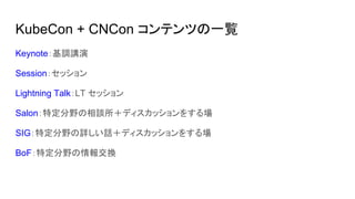 KubeCon + CNCon コンテンツの一覧
Keynote：基調講演
Session：セッション
Lightning Talk：LT セッション
Salon：特定分野の相談所＋ディスカッションをする場
SIG：特定分野の詳しい話＋ディスカッションをする場
BoF：特定分野の情報交換
 