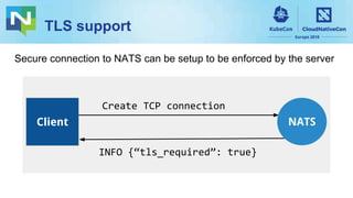 TLS support
INFO {“tls_required”: true}
Client
Create TCP connection
NATS
Secure connection to NATS can be setup to be enforced by the server
 