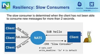 Resiliency: Slow Consumers
The slow consumer is determined when the client has not been able
to consume new messages for more than 2 seconds.
PUB
hello
SUB hello
NATS
Client
Client
Client
ClientPUB hello
PUB
hello
-ERR ‘Slow Consumer’
# nats.conf
write_deadline: ‘2s’ # is default
❌
 