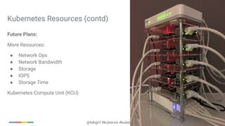 @tekgrrl #kubecon #kubernetes
Future Plans:
More Resources:
● Network Ops
● Network Bandwidth
● Storage
● IOPS
● Storage Time
Kubernetes Compute Unit (KCU)
Kubernetes Resources (contd)
 