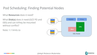 @tekgrrl #kubecon #kubernetes
What Resources does it need?
What Disk(s) does it need (GCE PD and
EBS) and can it/they be mounted
without conflict?
Note: 1.1 limits to
Pod Scheduling: Finding Potential Nodes
K8s Node
Kubelet Proxy
CPU
Mem
 