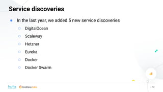 Service discoveries
| 12
● In the last year, we added 5 new service discoveries
○ DigitalOcean
○ Scaleway
○ Hetzner
○ Eure...