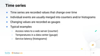 | 6
Time series
● Time series are recorded values that change over time
● Individual events are usually merged into counte...