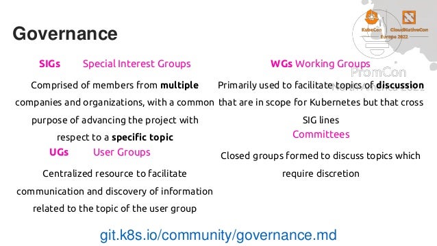SIGs Special Interest Groups
Comprised of members from multiple
companies and organizations, with a common
purpose of advancing the project with
respect to a specific topic
UGs User Groups
Centralized resource to facilitate
communication and discovery of information
related to the topic of the user group
WGs Working Groups
Primarily used to facilitate topics of discussion
that are in scope for Kubernetes but that cross
SIG lines
Committees
Closed groups formed to discuss topics which
require discretion
git.k8s.io/community/governance.md
Governance
 