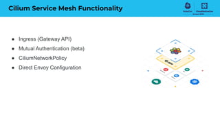 Cilium Service Mesh Functionality
● Ingress (Gateway API)
● Mutual Authentication (beta)
● CiliumNetworkPolicy
● Direct Envoy Configuration
 