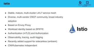 Istio
● Stable, mature, multi-cluster L4/L7 service mesh
● Diverse, multi-vendor CNCF community, broad industry
adoption
● Based on Envoy Proxy
● Workload identity based on SPIFFE
● Authentication (mTLS) and Authorization
● Observability, tracing, audit logging
● Recently added support for sidecarless (ambient)
● CNI/Kubernetes independent
 