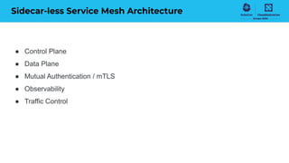 Sidecar-less Service Mesh Architecture
● Control Plane
● Data Plane
● Mutual Authentication / mTLS
● Observability
● Traffic Control
 