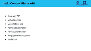 Istio Control Plane API
● Gateway API
● VirtualService
● DestinationRule
● AuthorizationPolicy
● PeerAuthentication
● RequestAuthentication
● JWTRule
 