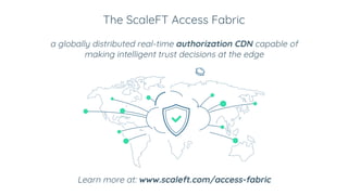 The ScaleFT Access Fabric
a globally distributed real-time authorization CDN capable of
making intelligent trust decisions at the edge
Learn more at: www.scaleft.com/access-fabric
 