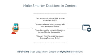 Make Smarter Decisions in Context
“You can’t submit source code from an
unpatched device”
“You can only reach the company wiki
from a managed device”
“Your disk must be encrypted to access
the confidential file repository”
“You can view the corporate phone
directory from any device”
Real-time trust attestation based on dynamic conditions
 