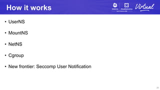How it works
• UserNS
• MountNS
• NetNS
• Cgroup
• New frontier: Seccomp User Notification
20
 