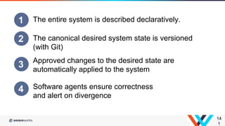 14
1
1 The entire system is described declaratively.
2 The canonical desired system state is versioned
(with Git)
3 Approved changes to the desired state are
automatically applied to the system
4 Software agents ensure correctness
and alert on divergence
 