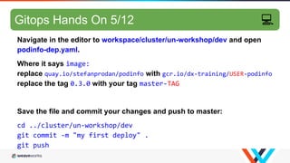 GitOps hands-on 3/10
Navigate in the editor to workspace/cluster/un-workshop/dev and open
podinfo-dep.yaml.
Where it says image:
replace quay.io/stefanprodan/podinfo with gcr.io/dx-training/USER-podinfo
replace the tag 0.3.0 with your tag master-TAG
Save the file and commit your changes and push to master:
cd ../cluster/un-workshop/dev
git commit -m "my first deploy" .
git push
Gitops Hands On 5/12 💻
 