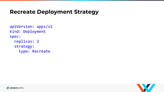 Recreate Deployment Strategy
apiVersion: apps/v1
kind: Deployment
spec:
replicas: 2
strategy:
type: Recreate
 
