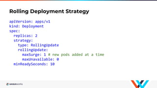 Rolling Deployment Strategy
apiVersion: apps/v1
kind: Deployment
spec:
replicas: 2
strategy:
type: RollingUpdate
rollingUpdate:
maxSurge: 1 # new pods added at a time
maxUnavailable: 0
minReadySeconds: 10
 