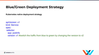 Blue/Green Deployment Strategy
Kubernetes native deployment strategy
apiVersion: v1
kind: Service
spec:
selector:
app: podinfo
version: v1 #switch the traffic from blue to green by changing the version to v2
 