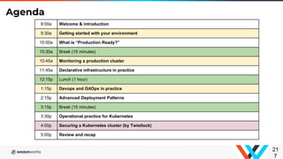 Agenda
21
7
9:00a Welcome & introduction
9:30a Getting started with your environment
10:00a What is “Production Ready?”
10:30a Break (15 minutes)
10:45a Monitoring a production cluster
11:45a Declarative infrastructure in practice
12:15p Lunch (1 hour)
1:15p Devops and GitOps in practice
2:15p Advanced Deployment Patterns
3:15p Break (15 minutes)
3:30p Operational practice for Kubernetes
4:00p Securing a Kubernetes cluster (by Twistlock)
5:00p Review and recap
 