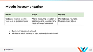 Metric instrumentation
30
What? Why? Options
Code and libraries used in
your code to expose metrics
Allows measuring operation of
application and enables many
more advanced use cases
Prometheus, Newrelic,
Datadog, many others
● Basic metrics are not optional
● Prometheus is a fantastic fit for Kubernetes in most cases
 