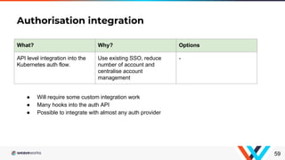 Authorisation integration
59
What? Why? Options
API level integration into the
Kubernetes auth flow.
Use existing SSO, reduce
number of account and
centralise account
management
-
● Will require some custom integration work
● Many hooks into the auth API
● Possible to integrate with almost any auth provider
 