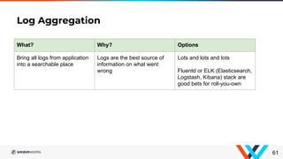 Log Aggregation
61
What? Why? Options
Bring all logs from application
into a searchable place
Logs are the best source of
information on what went
wrong
Lots and lots and lots
Fluentd or ELK (Elasticsearch,
Logstash, Kibana) stack are
good bets for roll-you-own
 