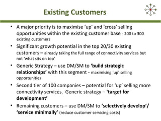 Existing Customers
• A major priority is to maximise ‘up’ and ‘cross’ selling
opportunities within the existing customer base - 200 to 300
existing customers
• Significant growth potential in the top 20/30 existing
customers – already taking the full range of connectivity services but
not ‘what sits on top’
• Generic Strategy – use DM/SM to ‘build strategic
relationships’ with this segment - maximising ‘up’ selling
opportunities
• Second tier of 100 companies – potential for ‘up’ selling more
connectivity services. Generic strategy – ‘target for
development’
• Remaining customers – use DM/SM to ‘selectively develop’/
‘service minimally’ (reduce customer servicing costs)
 